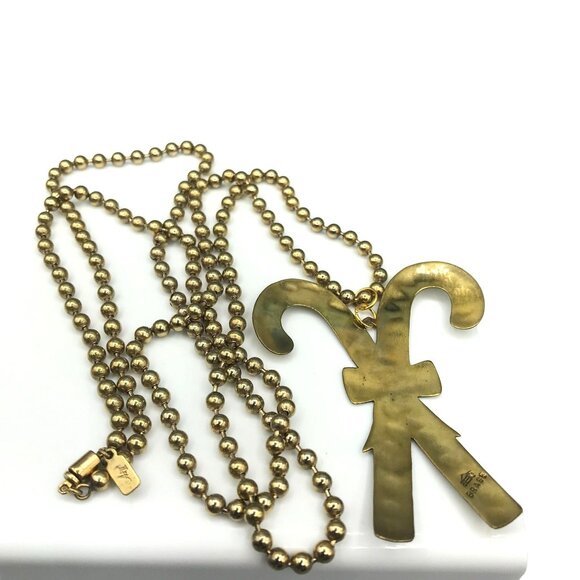 Retired Jeep Collins Hammered Brass Candy Cane Pendant Necklace, Designer Signed - Picture 6 of 7